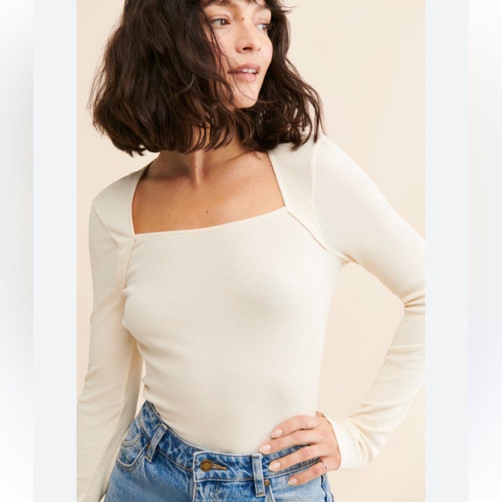 BOGO! Anthropologie Ribbed Knit Square Neck Pullover Top Cream Size Small